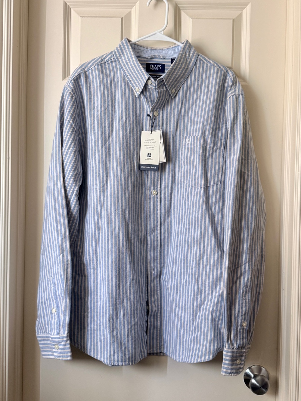 Chaps Men’s Blue and White Vertical Stripe Cotton Button-Down Shirt
